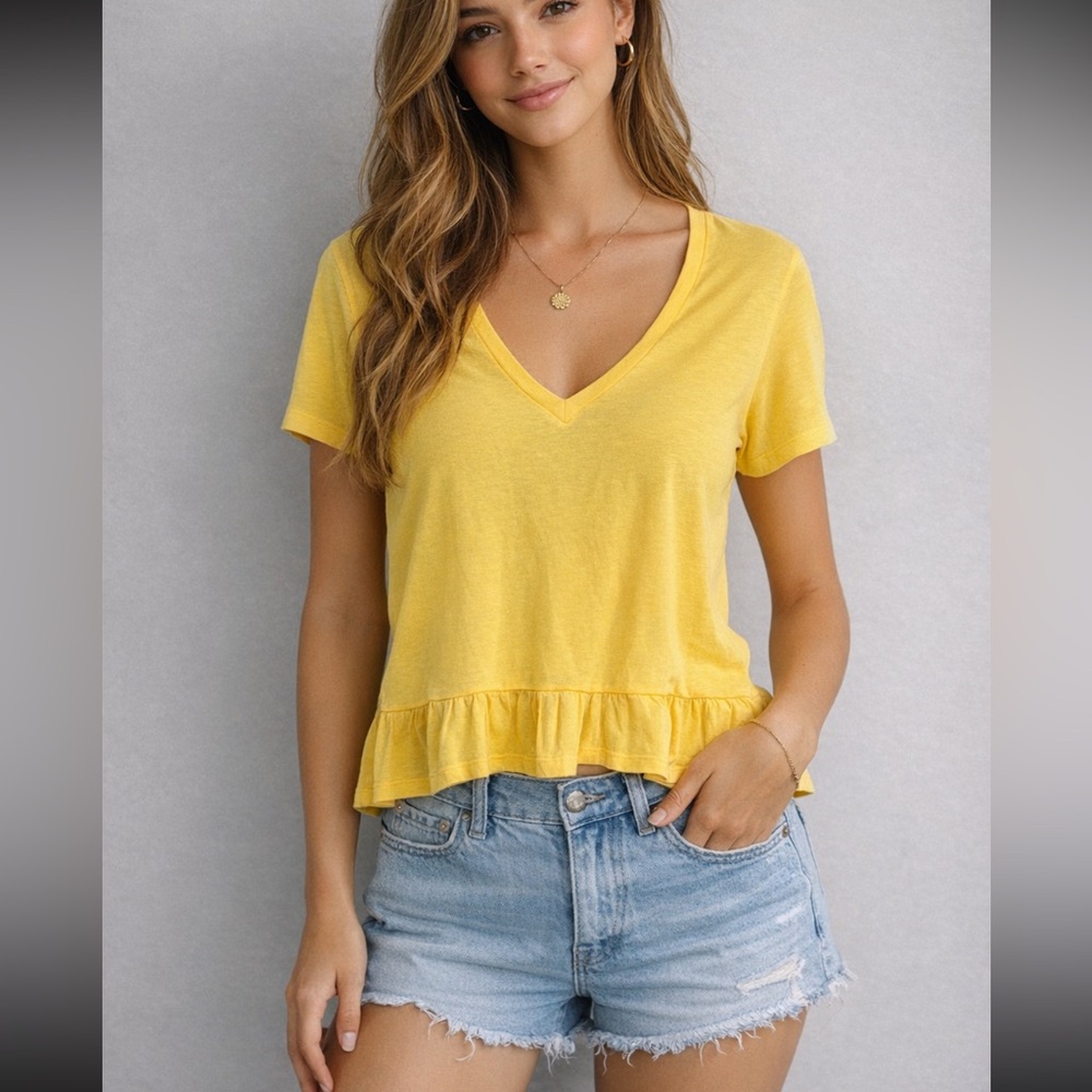 bobi Bright Yellow V-Neck Ruffle Hem Tee